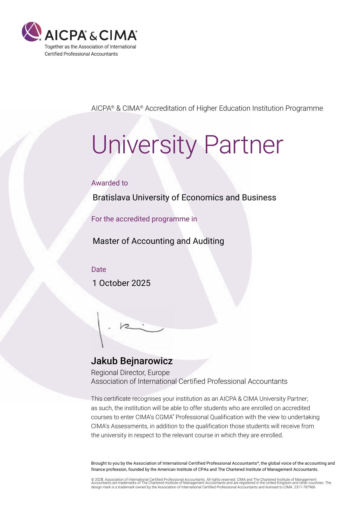 AICPA & CIMA accreditation for the Accounting and Auditing degree program