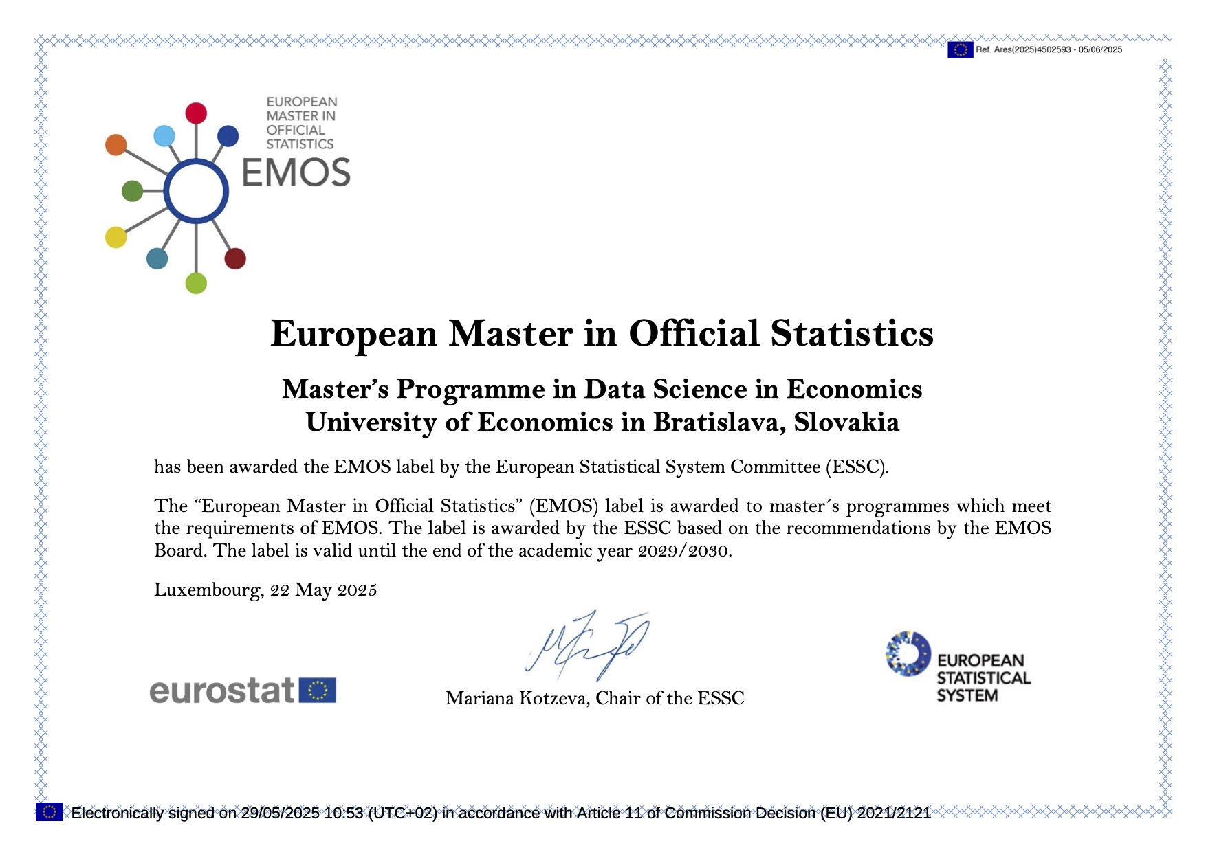 Študijný program Data Science v ekonómii získal prestížnu značku EMOS