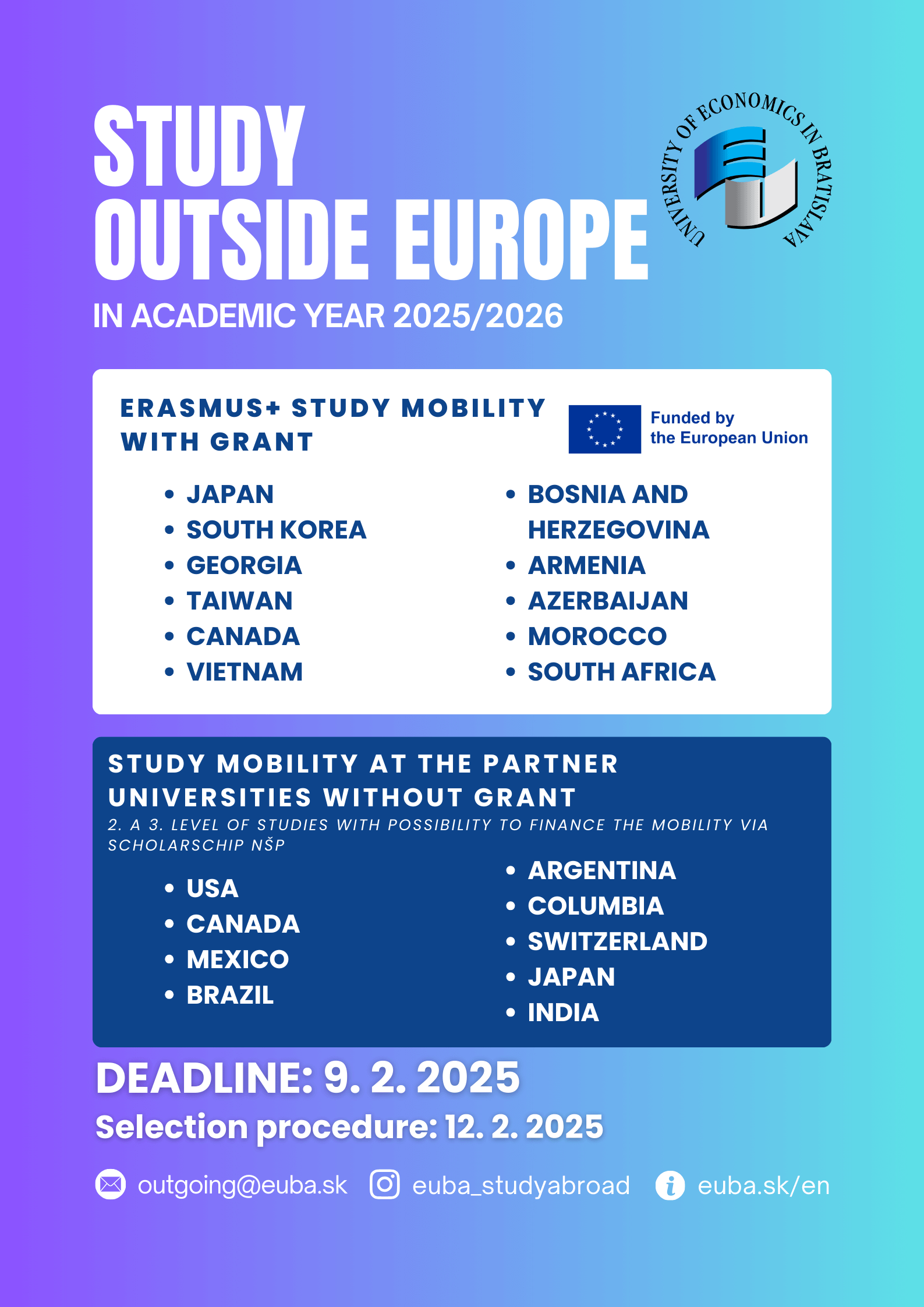 Study outside Europe in academic year 2025/2026