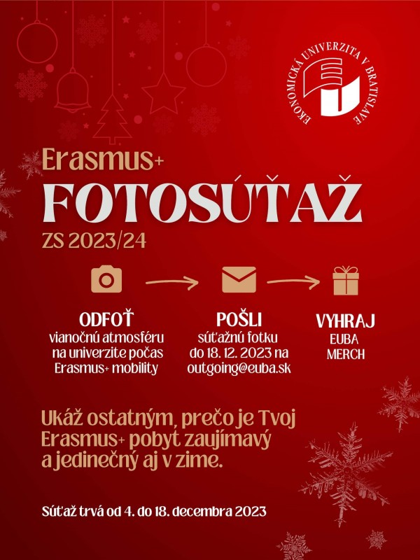 Zachyť vianočnú atmosféru na zahraničnej univerzite na svojom Erasmus+ študijnom pobyte v zimnom semestri ak. roku 2023/2024 a vyhraj EUBA merch! 