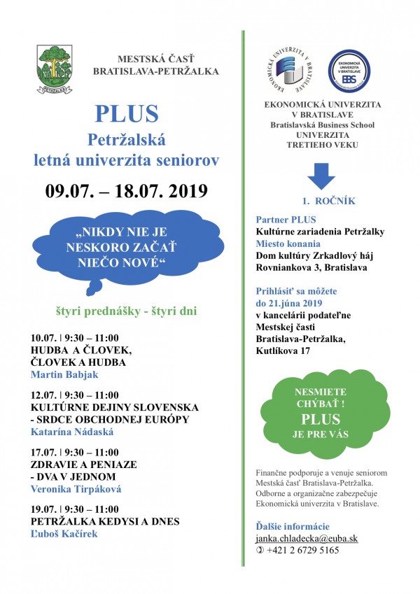 Otvárame 1. ročník Petržalskej letnej univerzity seniorov (PLUS)