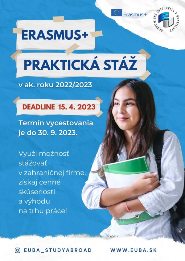 Výzva na Erasmus+ praktické stáže akad. rok 2022/2023 - 4. kolo prihlasovania s možnosťou vycestovania do 30.09.2023