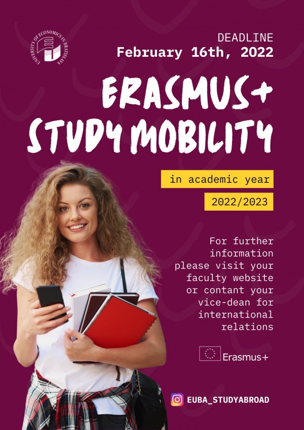 International Mobility Department at the EU in Bratislava announces a new call for Erasmus+ study stays in the academic year 2022/2023.