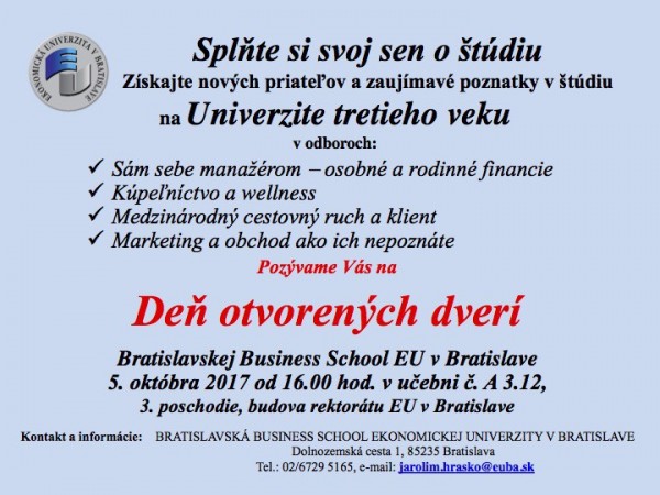 BBS EU v Bratislave organizuje pre záujemcov Univerzity tretieho veku Deň otvorených dverí